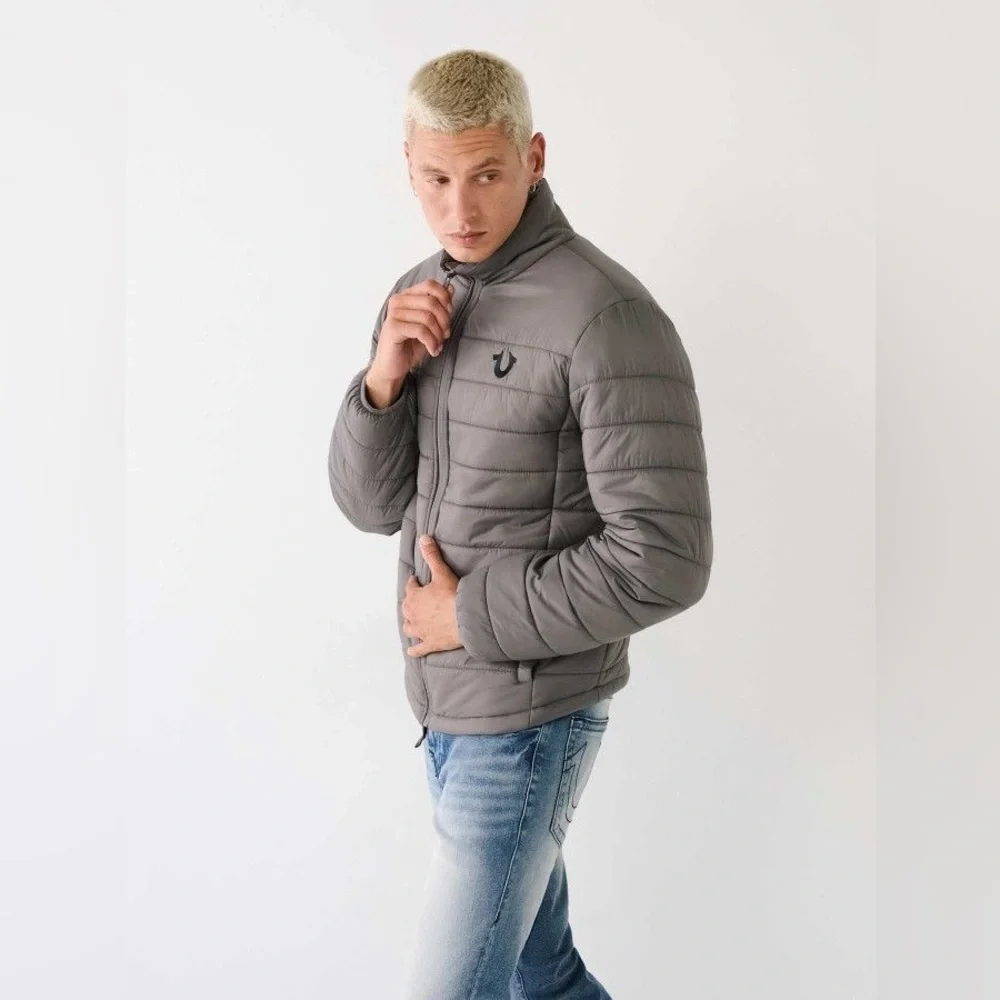 True Religion mens 2XL XXL gray solid puffer granite full zip jacket EUC